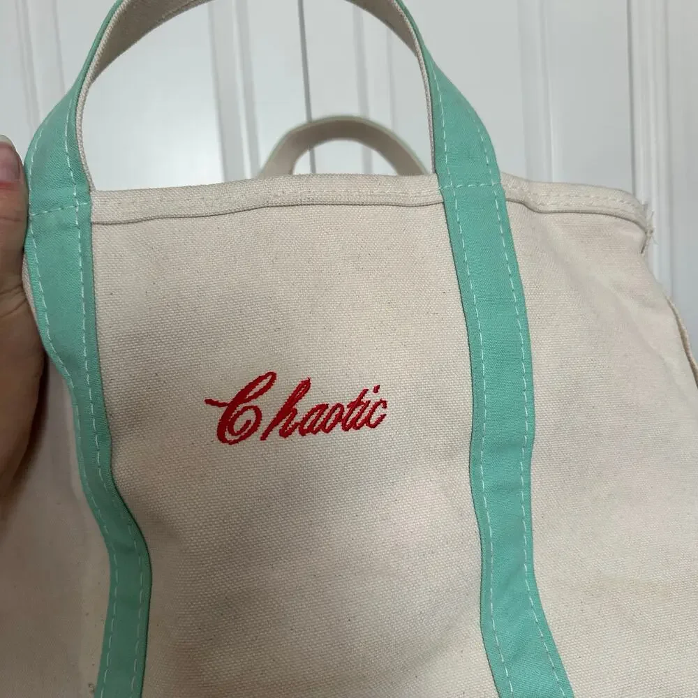 Vintage LL Bean canvas tote teal embroidered chaotic